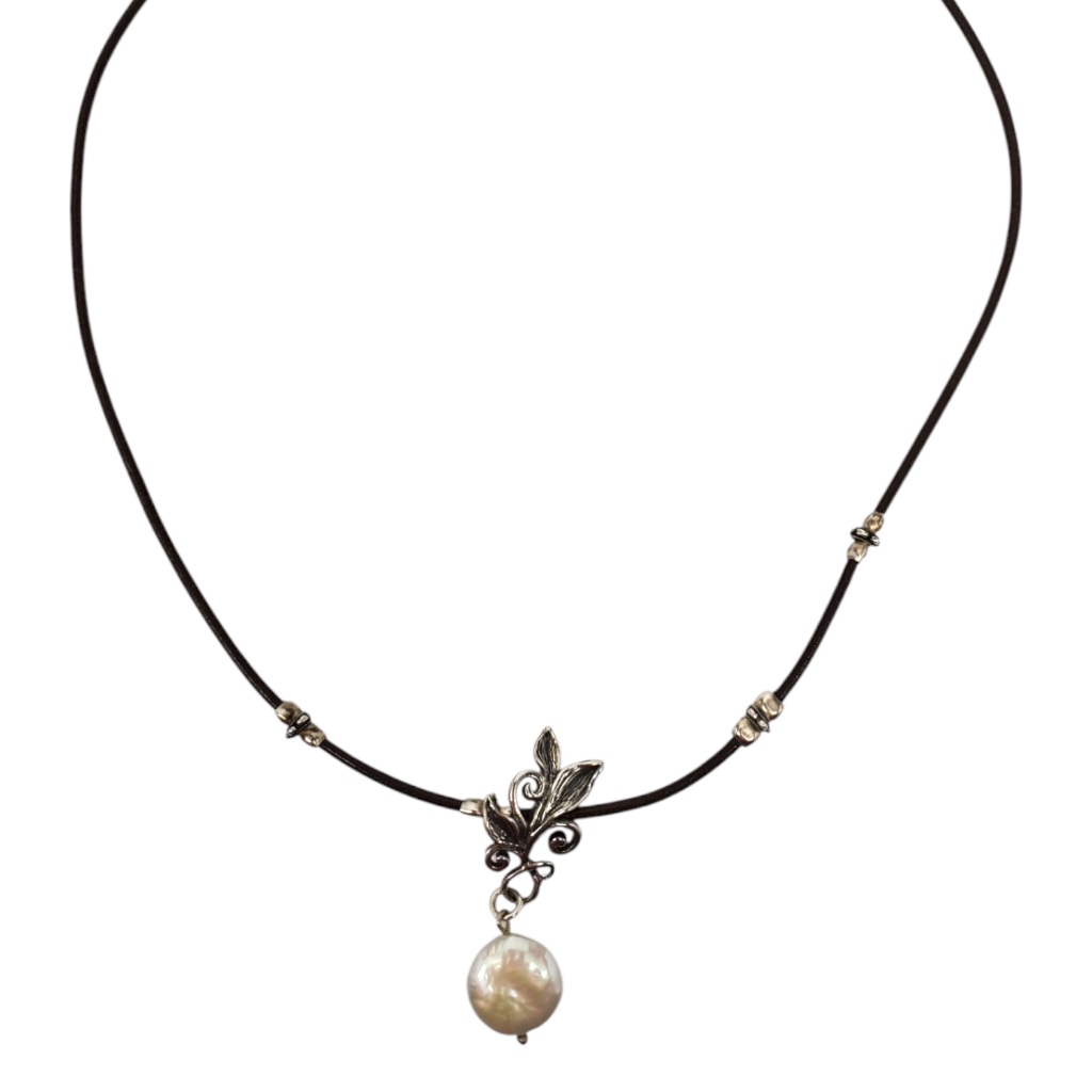 Didae Sterling Silver Leaf & Vine Pearl Drop Pendant Necklace #21618